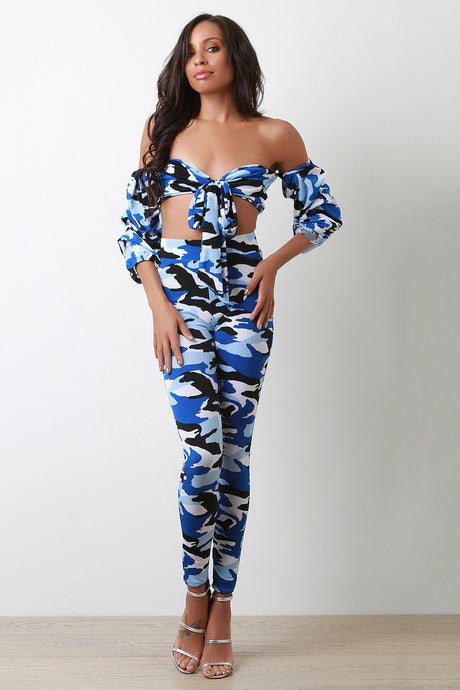 Camouflage Front Tie Tube Top and Leggings Set